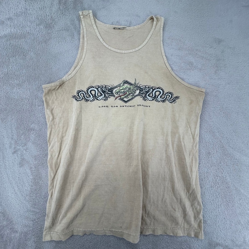 Lake San Antonio Resort Mens Tank Top Large Tan Dragon Graphic Preowned